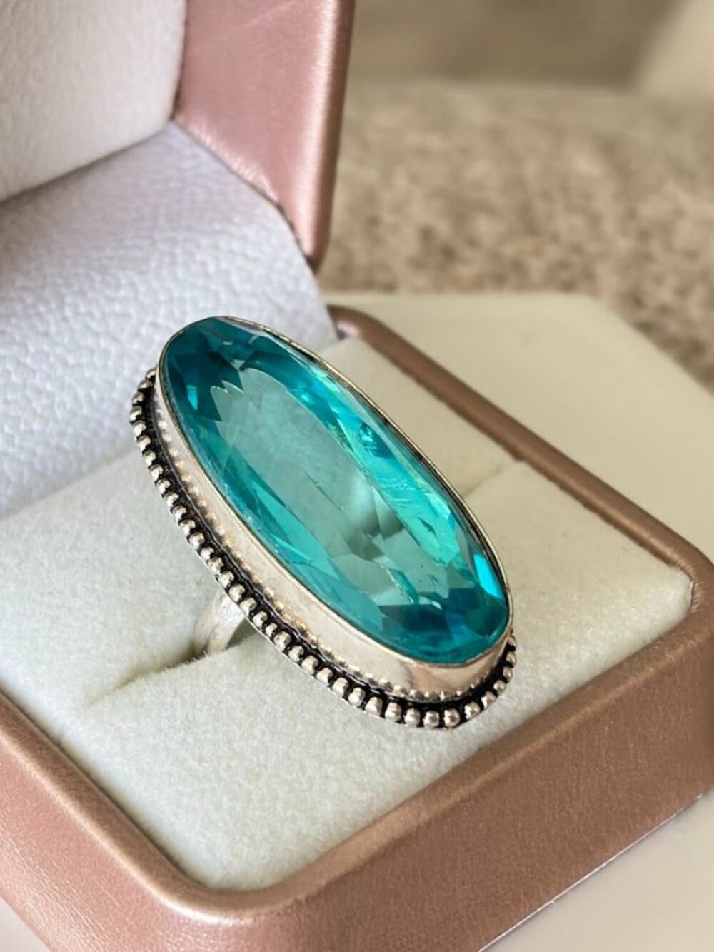 Simulated Aquamarine Oval Stone Statement Ring 925 Silver Plated - Size 6.75